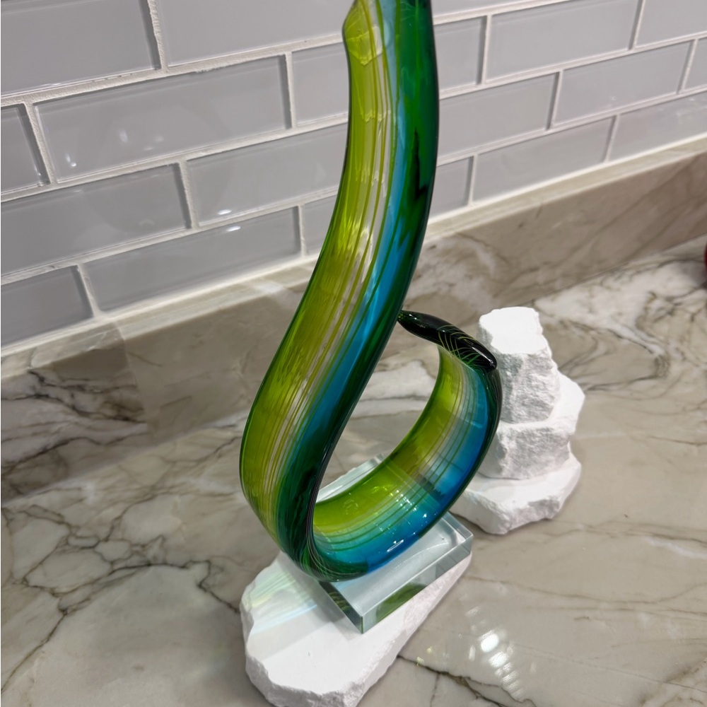 Hand Blown Art Glass Abstract Sculpture Green Blue Murano Style Modern Decor - Picture 2 of 4
